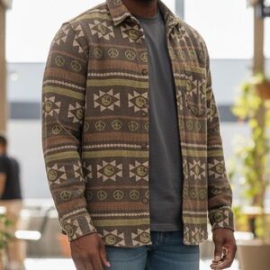 MENS EARTHY TONES, YIN-YANG, PEACE & LOVE COTTON ON SHIRT. RETRO BOHO SZ MEDIUM